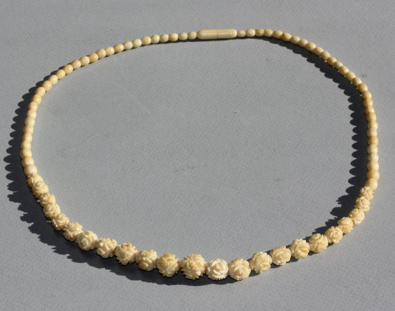 Chinese Necklace, carved Ivory floral graduated size beads