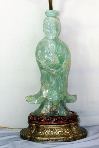 Chinese Green Quartz Guan Yin figure Lamp, 19th C.