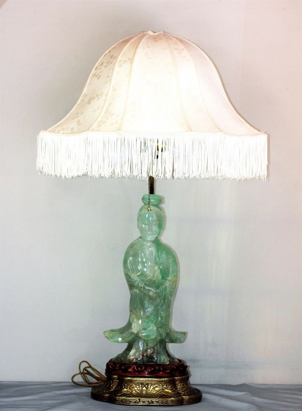 Chinese Green Quartz Guan Yin figure Lamp, 19th C.
