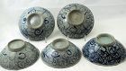 5 Chinese Blue & White Porcelain Bowls, Double Happiness