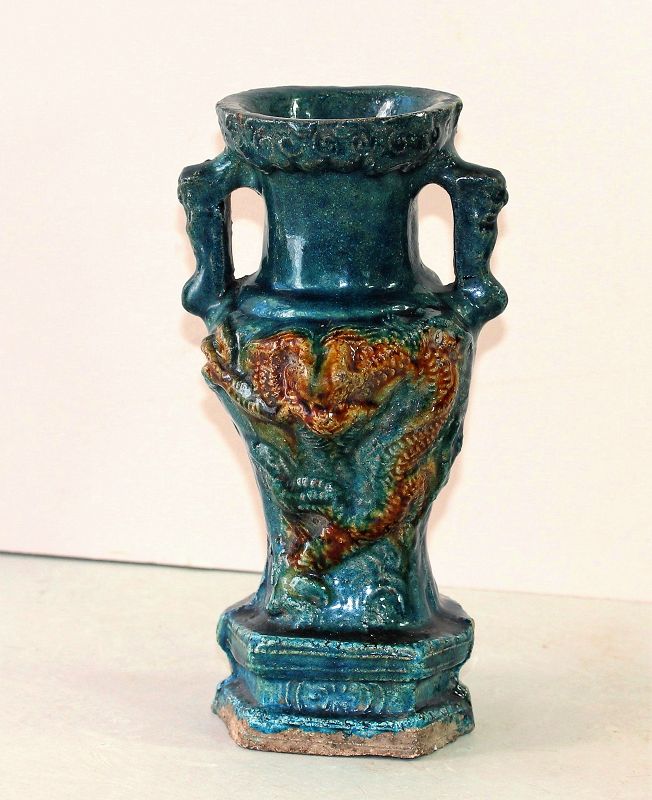 Chinese Monochrome Pottery 2 handle Dragon Vase