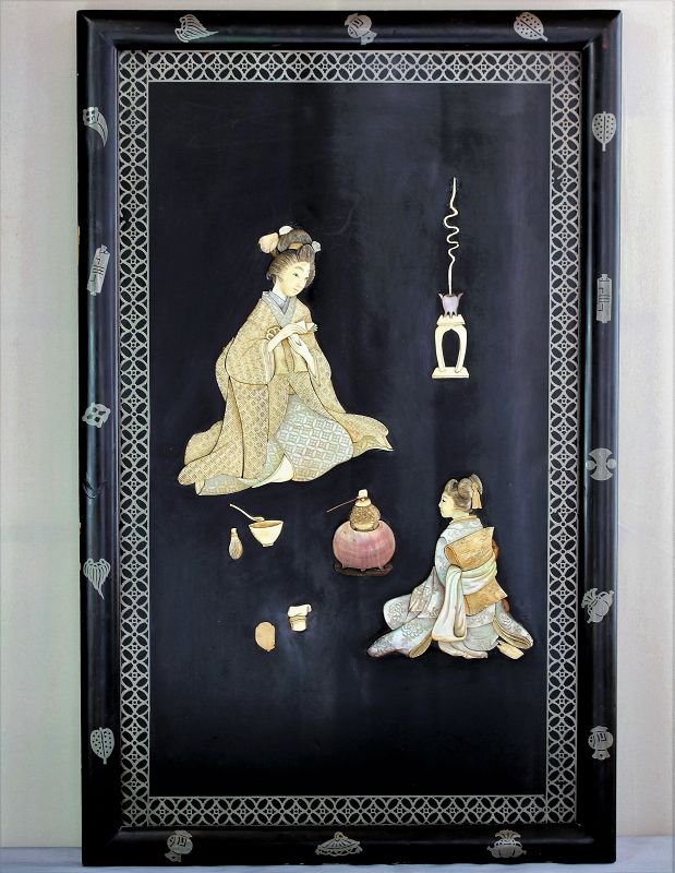 Japanese Mother of Pearl & Bone inlaid Lacquer on black panel Picture