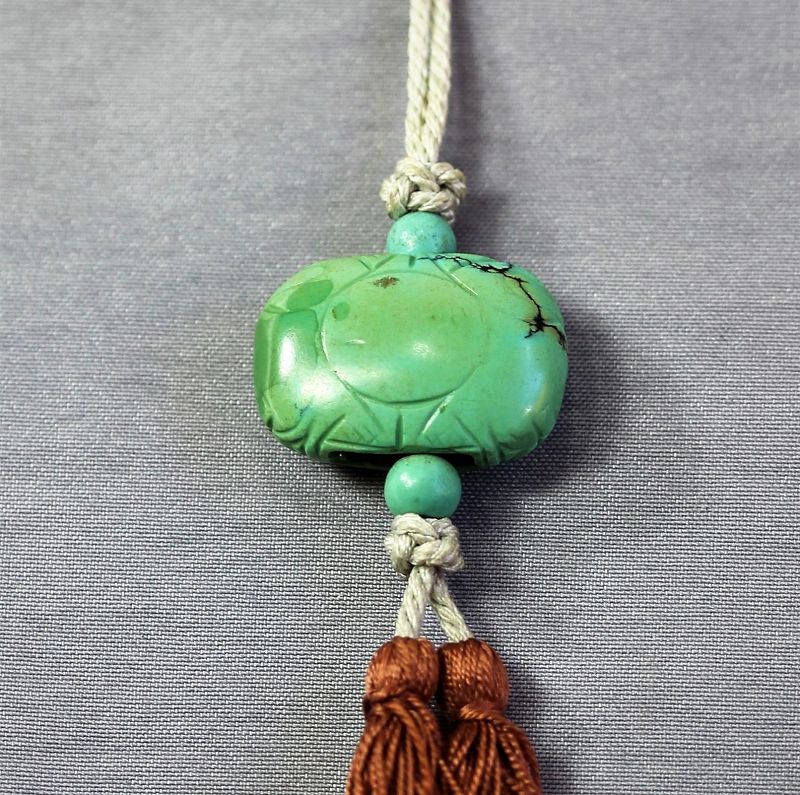 Chinese carved Turquoise Ornament, Tassel with Macrame knot