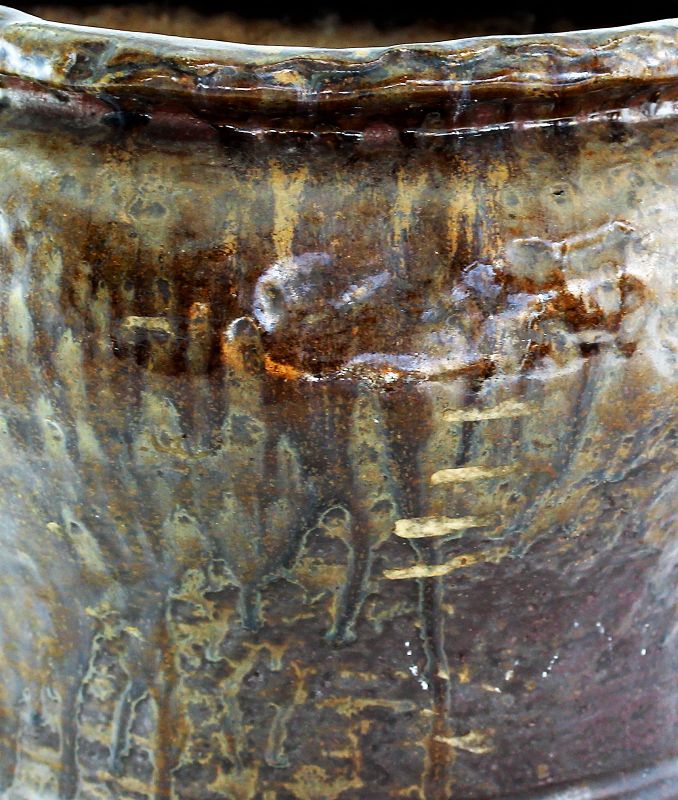 Japanese Earthenware Hibachi, large hand molded with Brown drip glaze