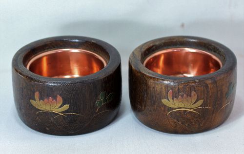 Pr. Japanese Kiri Wood Hibachi, Lacquered Lotus Flower