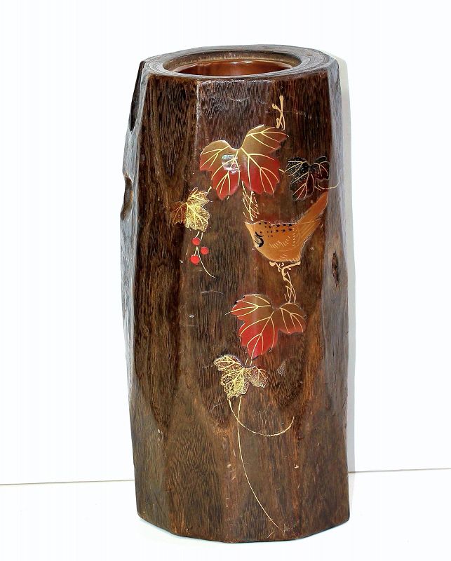 Japanese Kiri wood tall Hibachi, Lacquered Bird on Vine design