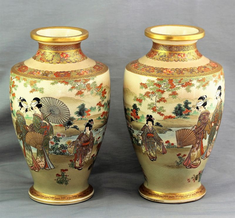 Pair Japanese large Satsuma Vases, signed "Kinkosan"