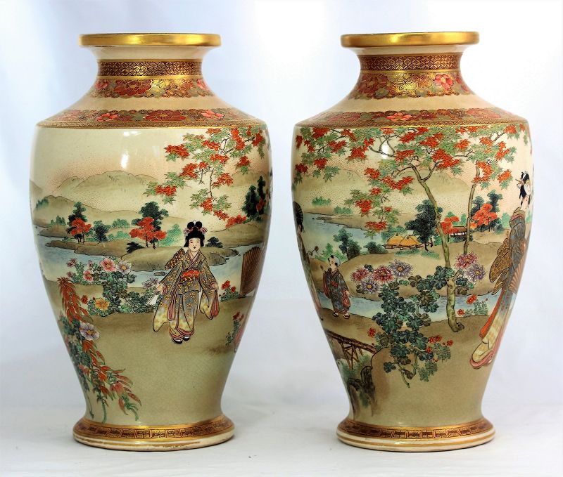 Pair Japanese large Satsuma Vases, signed 