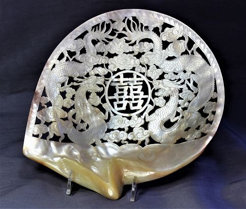 Chinese Shell Mother of Peal Plaque, carved double Dragon, 18th C.