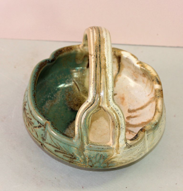 Japanese Oribe Ceramic Basket with handle