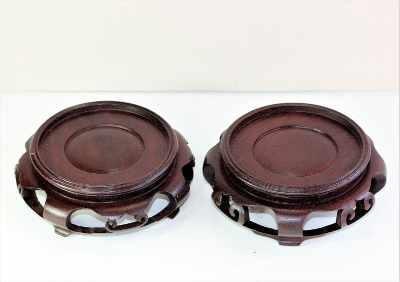 Two(2) Chinese Hardwood round brown Display Stands, &quot;Hong Kong&quot; label
