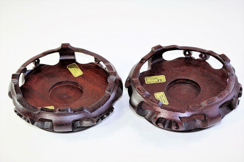 Two(2) Chinese Hardwood round brown Display Stands, &quot;Hong Kong&quot; label