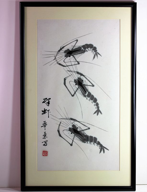 Chinese Black Ink Painting of Crayfish on Rice Paper
