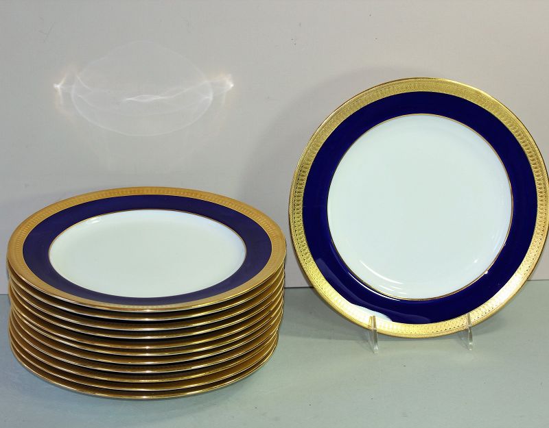 12 English Mintons Porcelain Dinner Plates, Cobalt Blue & Gold, g6262