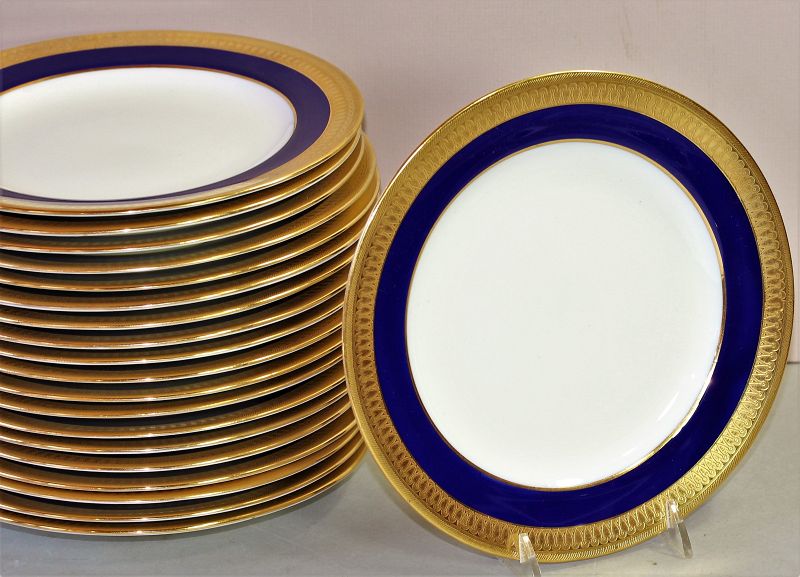 21 English Mintons Porcelain Dessert Plates, Cobalt Blue &amp; Gold, g6262