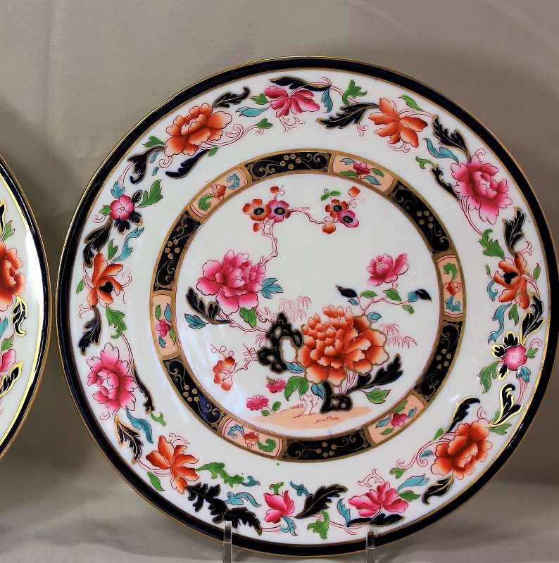Pair English Porcelain Plates, Peony flower & rock garden
