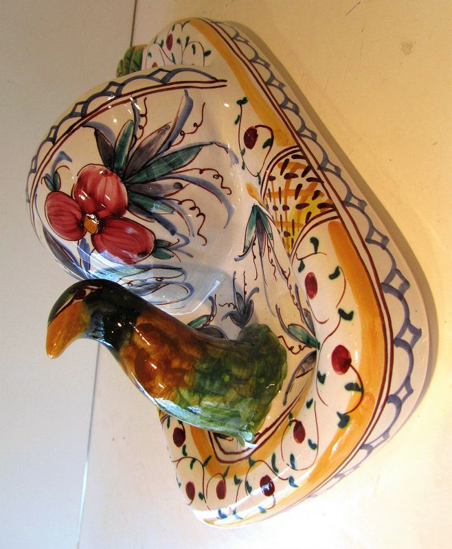 Portuguese hand painted Ceramic Bird Soap dish &amp; Towel Hanger