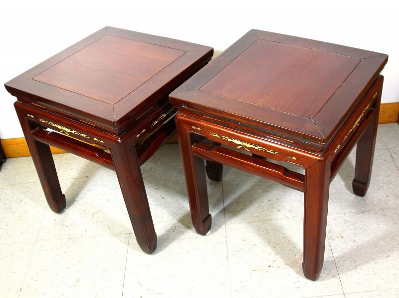 Pr. Chinese Rosewood inlaid square low Table