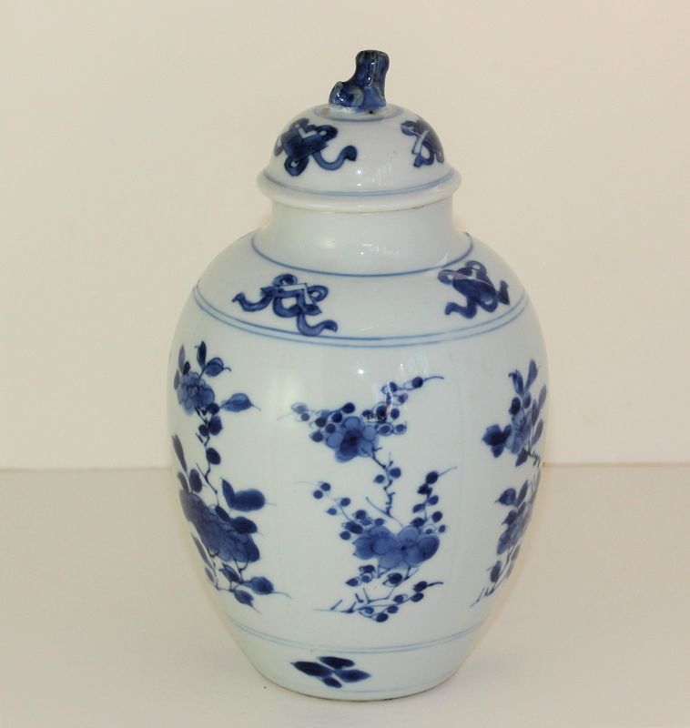 Chinese Export Blue & White Porcelain Vase, Foo Dog knob, Kangxi mark