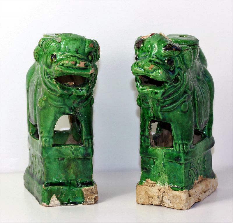 Pair Chinese Green glaze Pottery Foo Dog Joss Stick Holders