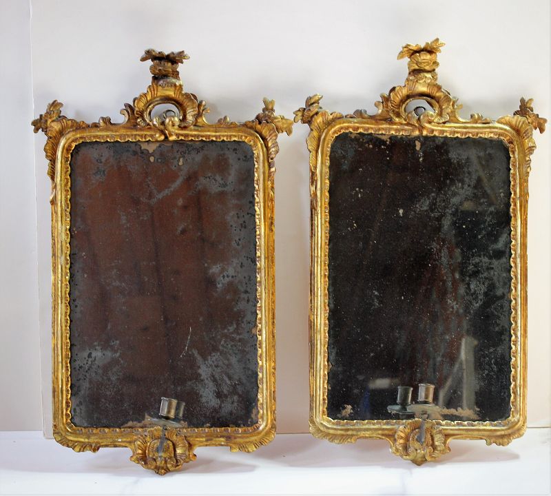 18th C. Pair Italian Rococo Gold Girandole Mirrors, with candle arms