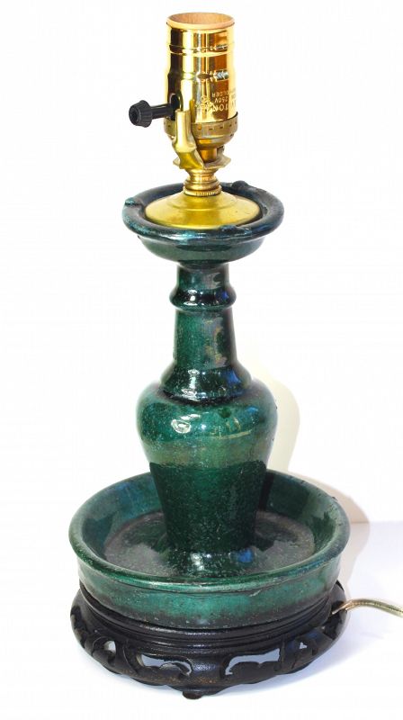 Chinese Green Glazed Monochrome Pottery Joss stick Lamp