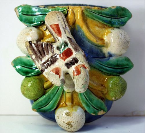 Chinese Pottery hanging Wall Pocket/Vase, Bird and Fruit