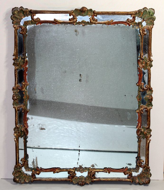 18th Century Italian Polychrome painted Gilded carved Mirror