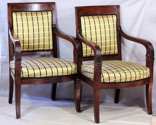 Pair French Directoire style carved Mahogany Armchairs
