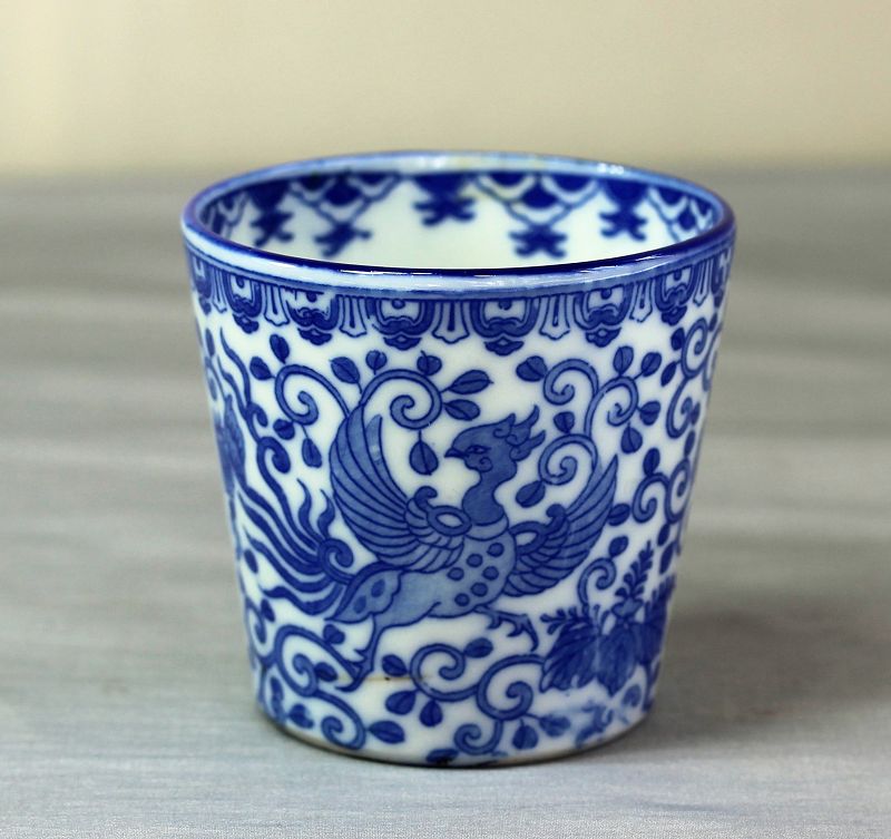 Japanese Blue & White Porcelain Soba Noodle Cup,  flying Phoenix Bird