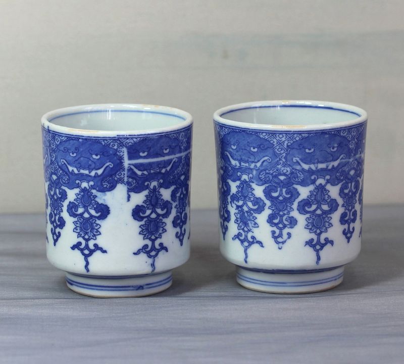 Pair Japanese Blue & White Porcelain Soba Noodle Cups