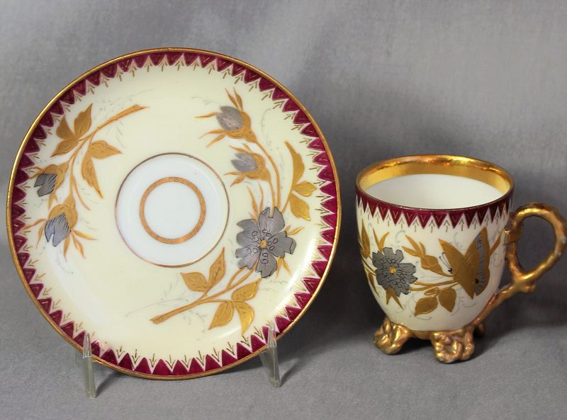 Porcelain Gold & Silver hand painted Butterfly Demitasse Cup & Saucer
