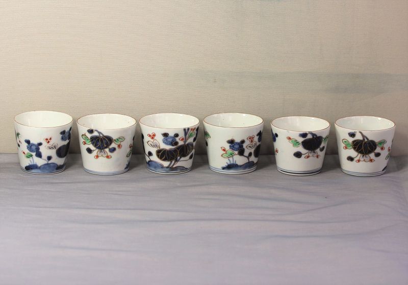 6 Japanese Imari Blue & White, mixed colors Porcelain Soba Noodle Cups