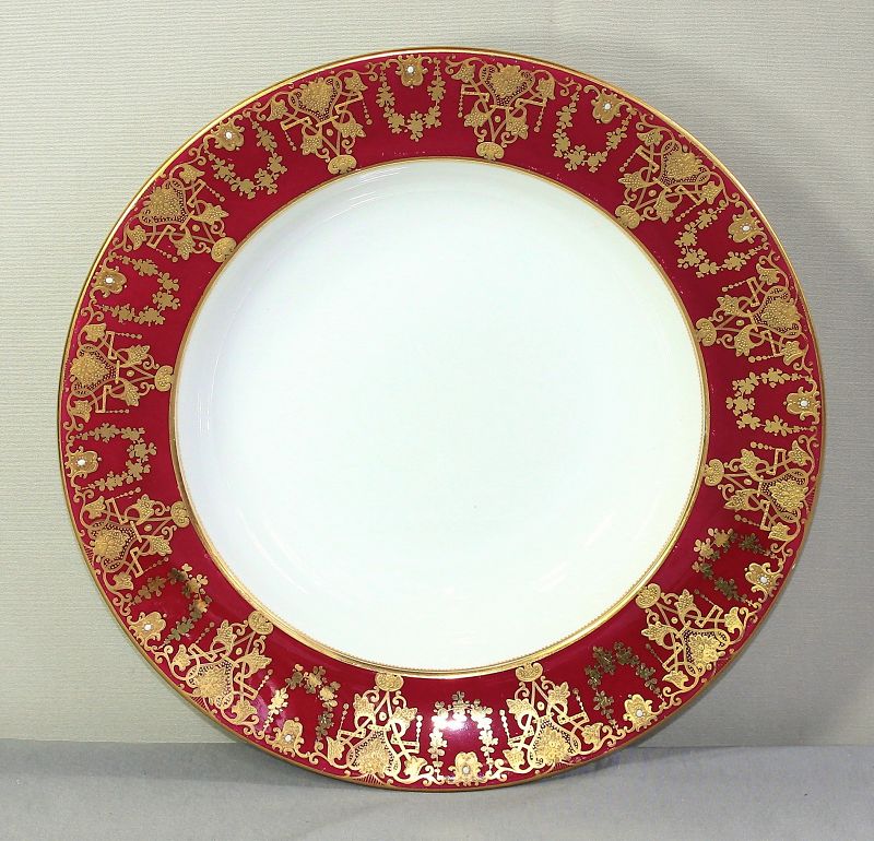 English Porcelain Soup Plate, raised Gold design on Wine color Rim