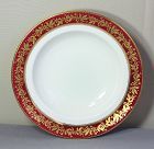 English Porcelain Soup Plate, raised Gold design on Wine color Rim