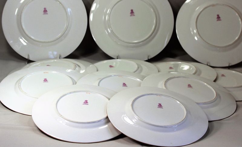 12 Tiffany English Mintons Porcelain Plates, Wine &amp; Gold rim