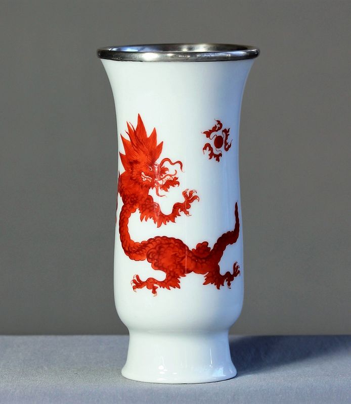 German Meissen Porcelain Ming Red Dragon Vase, silver top