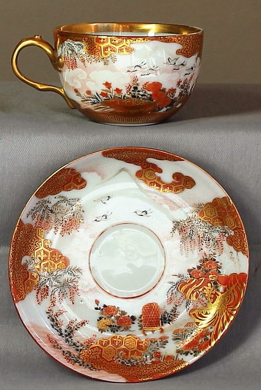 Japanese Kutani Porcelain Cup and Saucer, signed