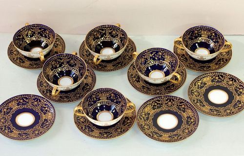 6 English Royal Doulton Porcelain Bouillon Soup & Saucer, Tiffany mark