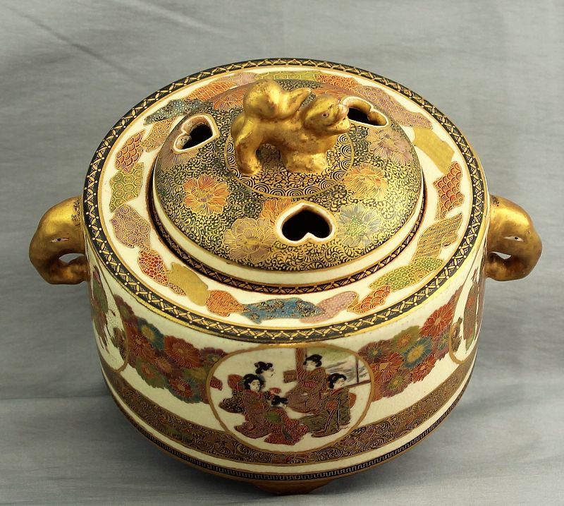 Japanese Satsuma Earthenware Koro, Incense Burner, signed "Senzan"