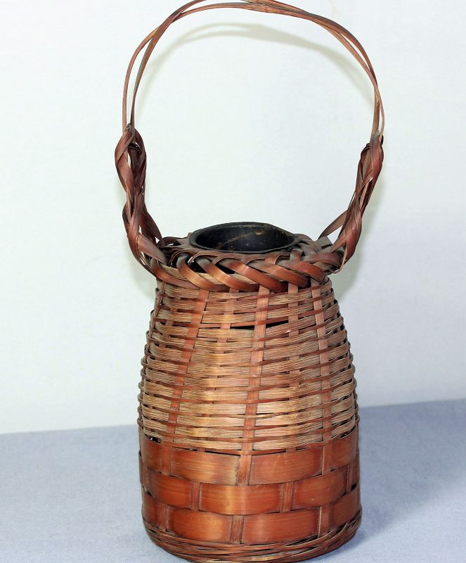 Japanese Ikebana Flower woven Bamboo Basket, metal insert