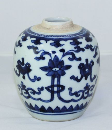 Chinese Kangxi Blue & White Porcelain Tea Jar, Lotus