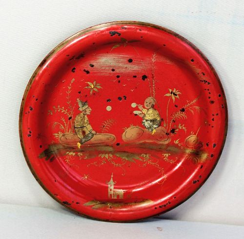 Tole ware Red small Dish, Gold Chinoiserie design