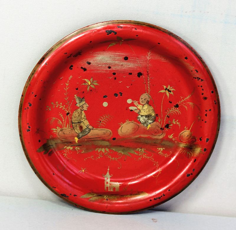 Tole ware Red small Dish, Gold Chinoiserie design