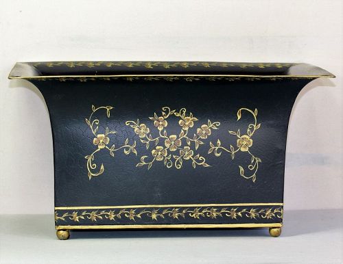 Tole Cache pot, Planter with gold floral design on black