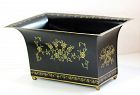 Tole Cache pot, Planter with gold floral design on black