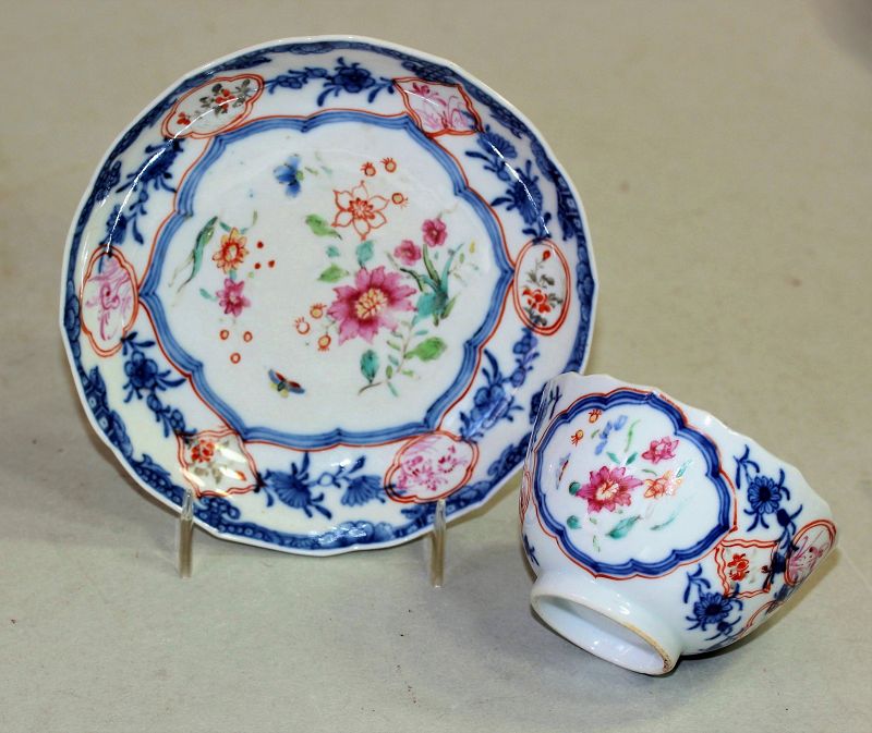 Chinese Export Famille Rose & Blue Porcelain Tea Bowl & Saucer