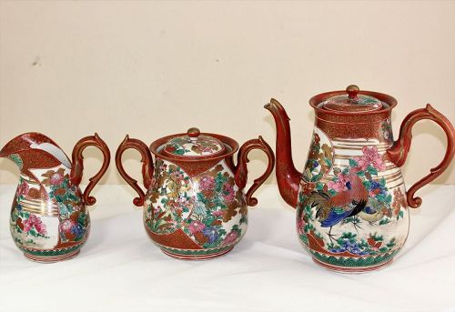 Japanese Kutani Earthenware Tea pot, Sugar, Creamer set