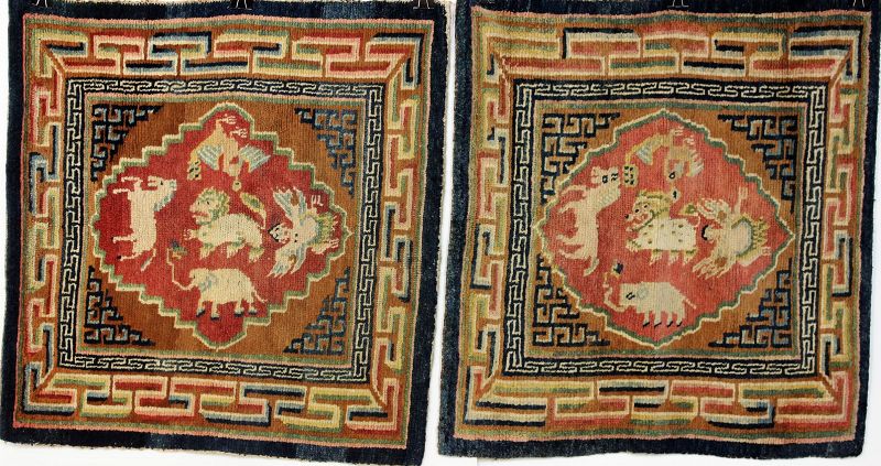Tibetan Himalayan Pair Wool Prayer Rugs, Seat Cover, Animal design