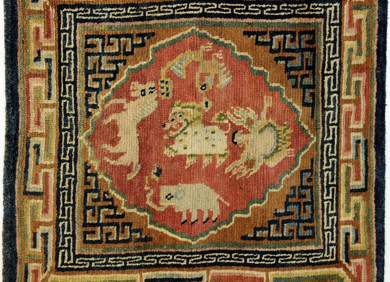Tibetan Himalayan Pair Wool Prayer Rugs, Seat Cover, Animal design